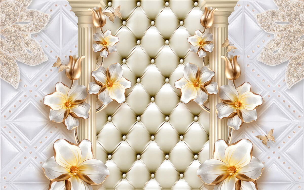 Fototapeta stena zdobená prešívanými prvkami v kvetinových farbách