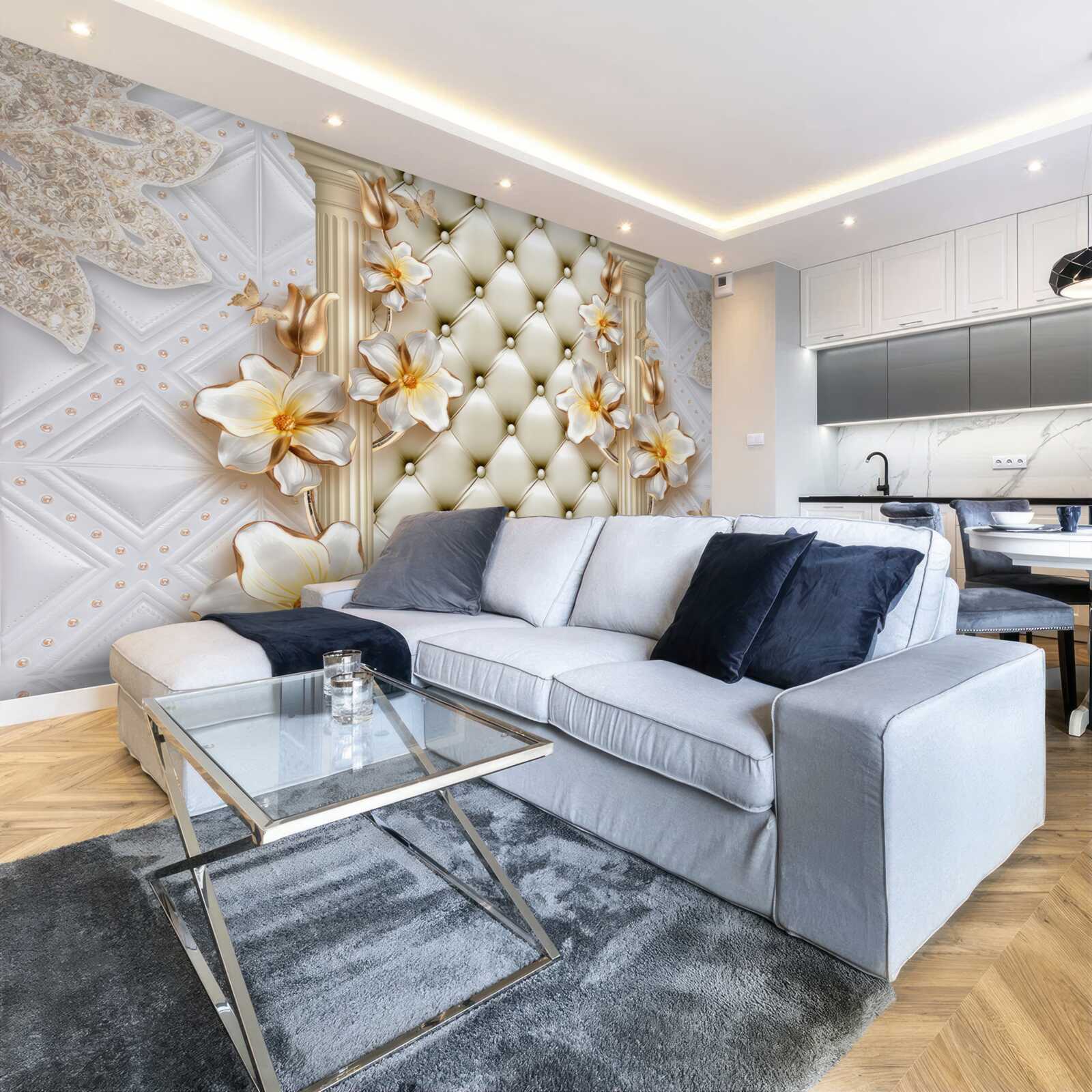 Fototapeta stena zdobená prešívanými prvkami v kvetinových farbách