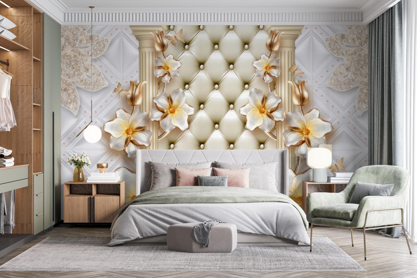 Fototapeta stena zdobená prešívanými prvkami v kvetinových farbách