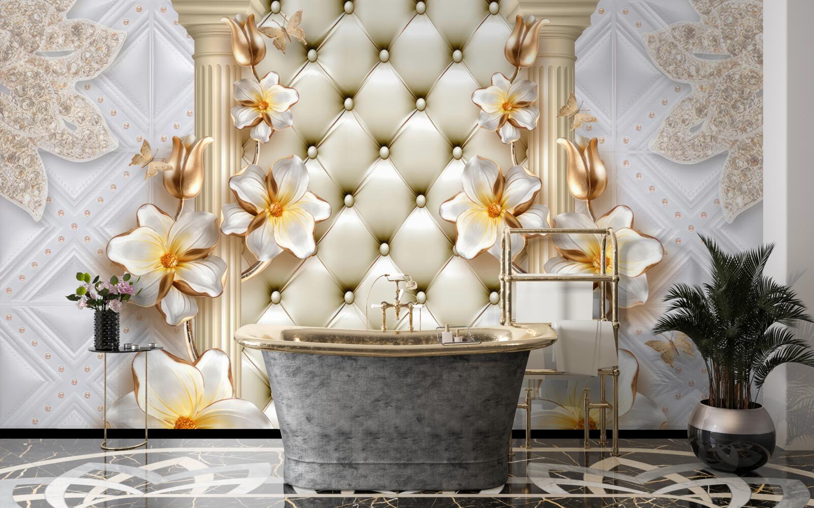 Fototapeta stena zdobená prešívanými prvkami v kvetinových farbách