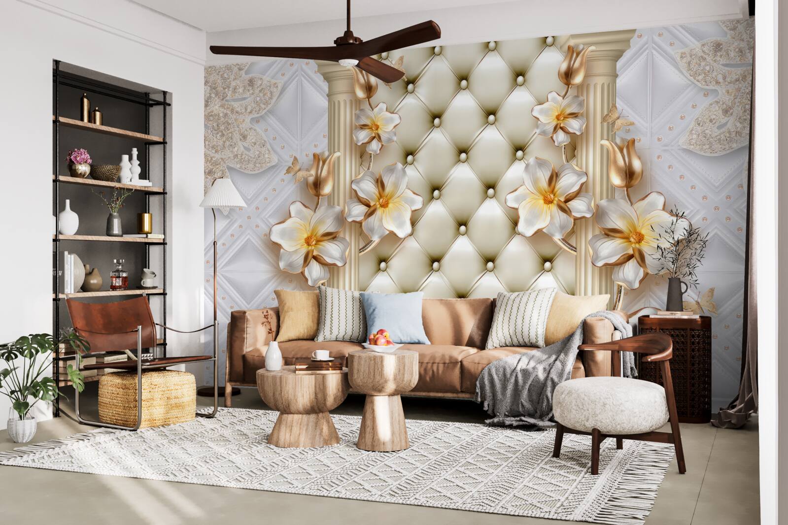 Fototapeta stena zdobená prešívanými prvkami v kvetinových farbách