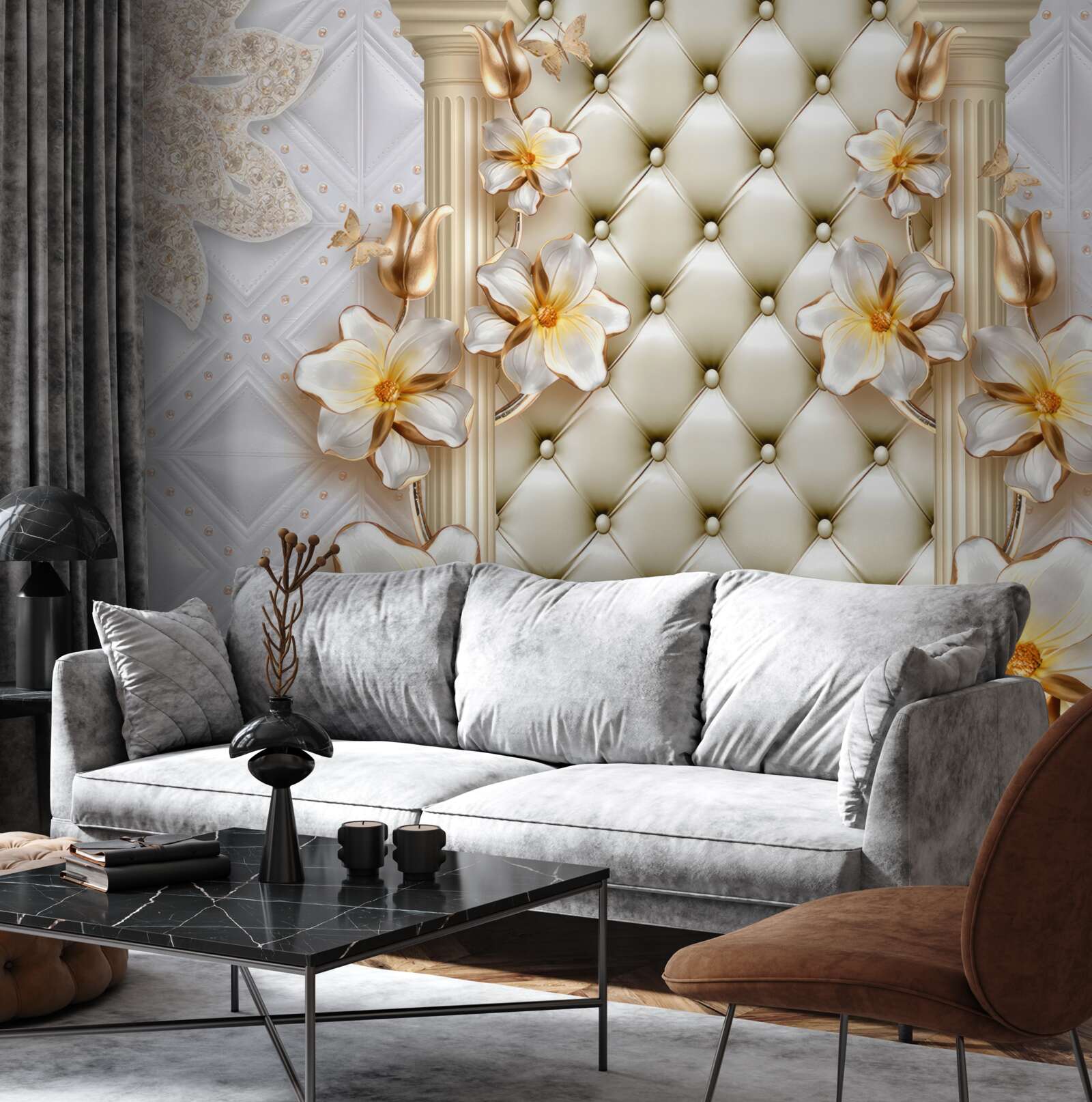 Fototapeta stena zdobená prešívanými prvkami v kvetinových farbách