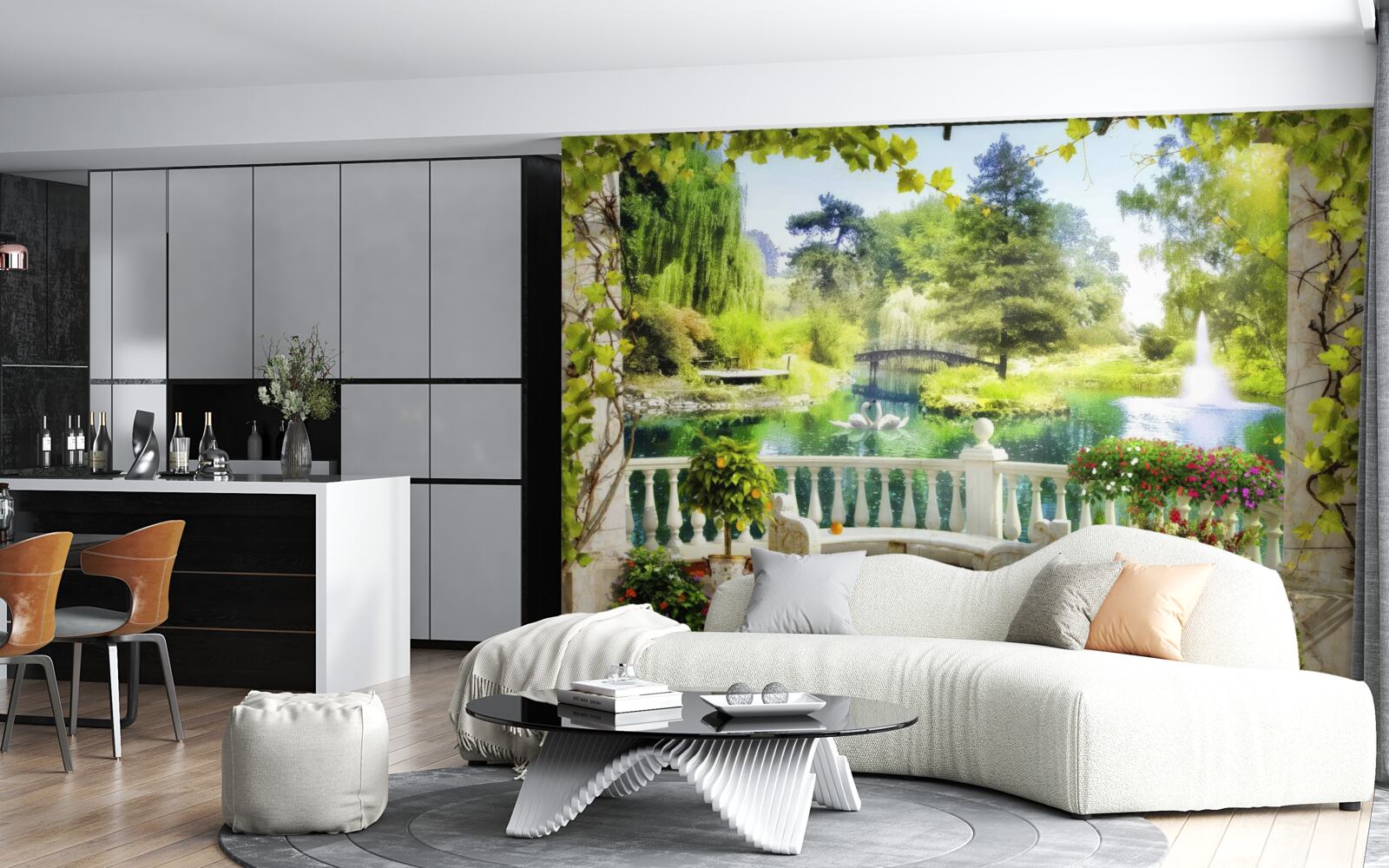 Fototapeta okno ponúka výhľad na vodopád a plávajúce labute