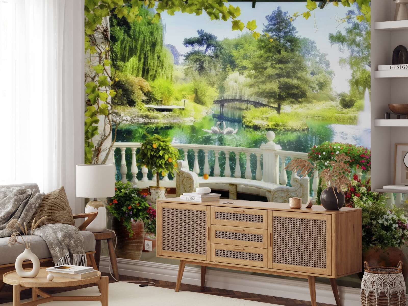 Fototapeta okno ponúka výhľad na vodopád a plávajúce labute