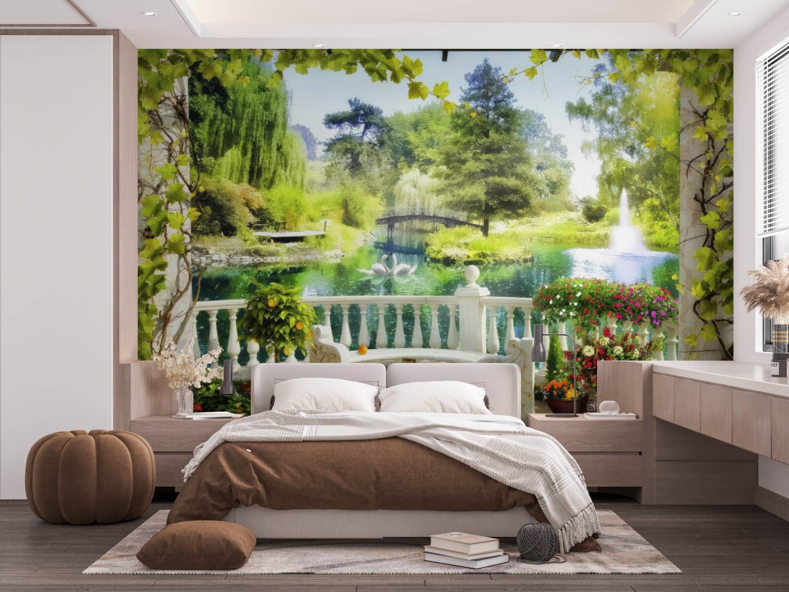 Fototapeta okno ponúka výhľad na vodopád a plávajúce labute