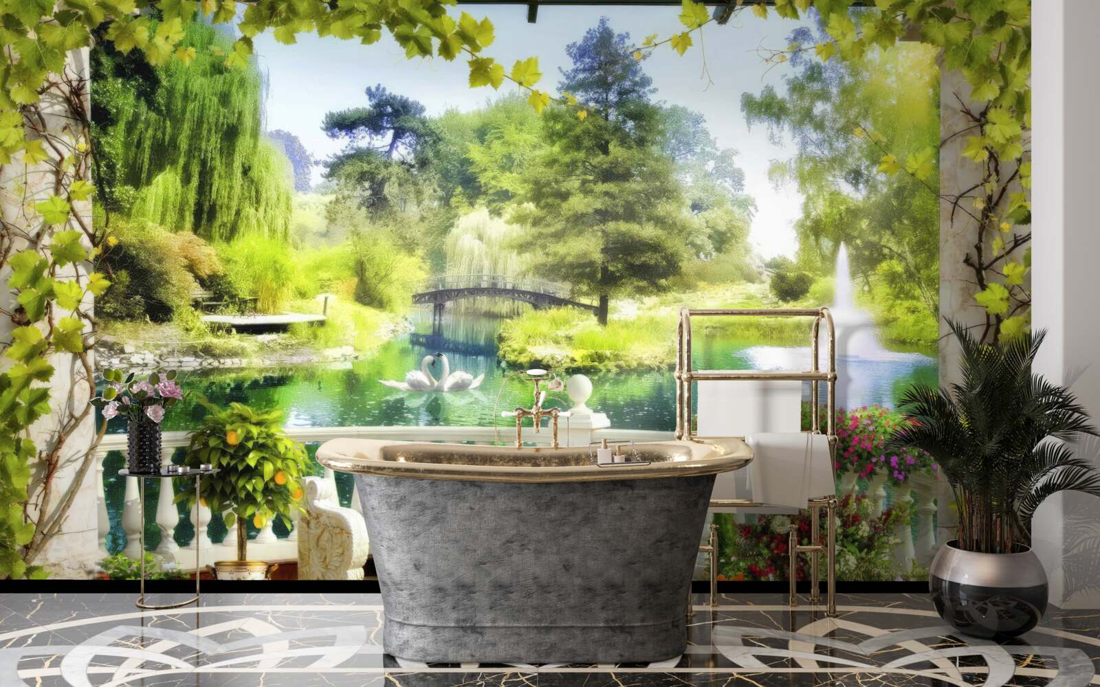 Fototapeta okno ponúka výhľad na vodopád a plávajúce labute