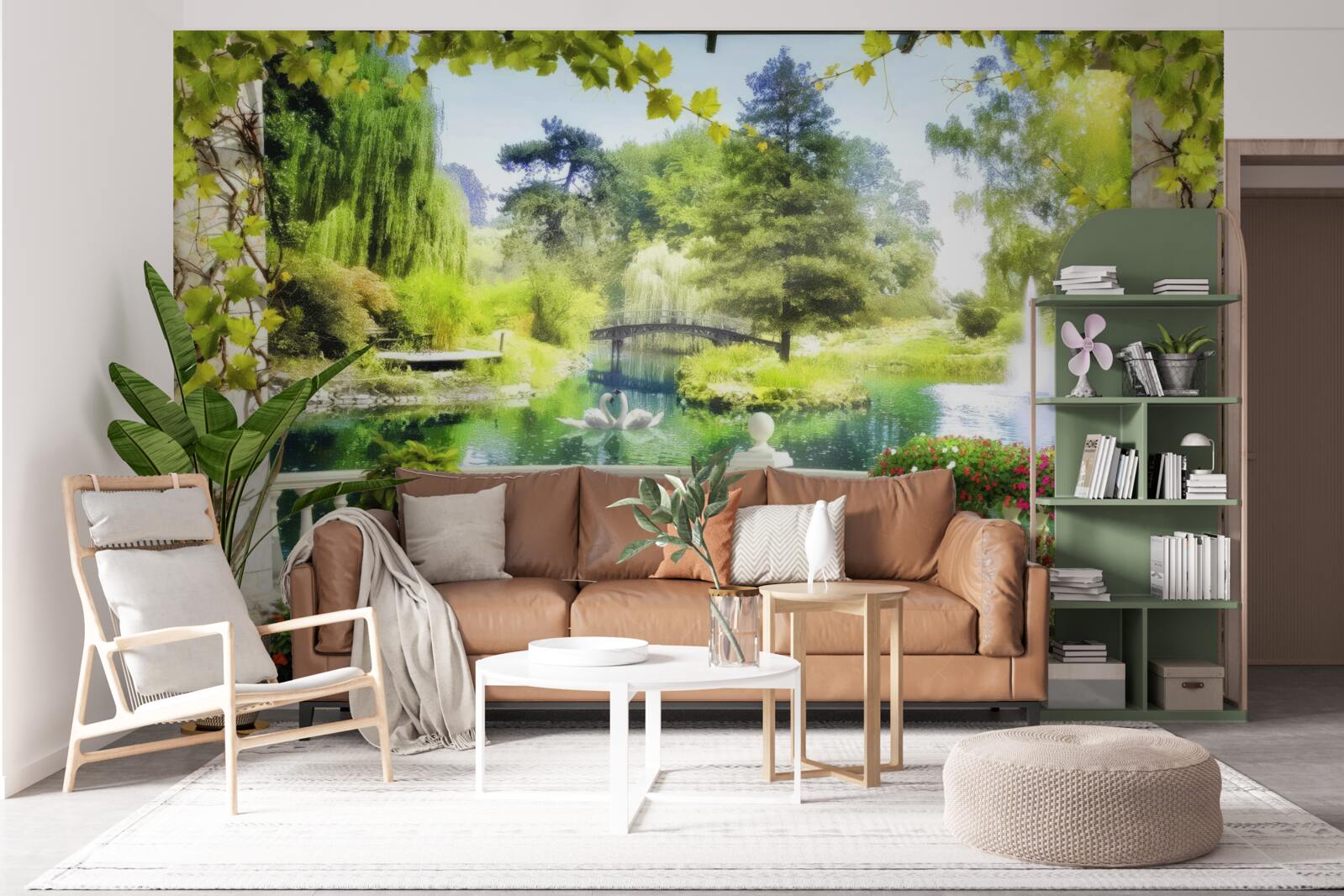 Fototapeta okno ponúka výhľad na vodopád a plávajúce labute