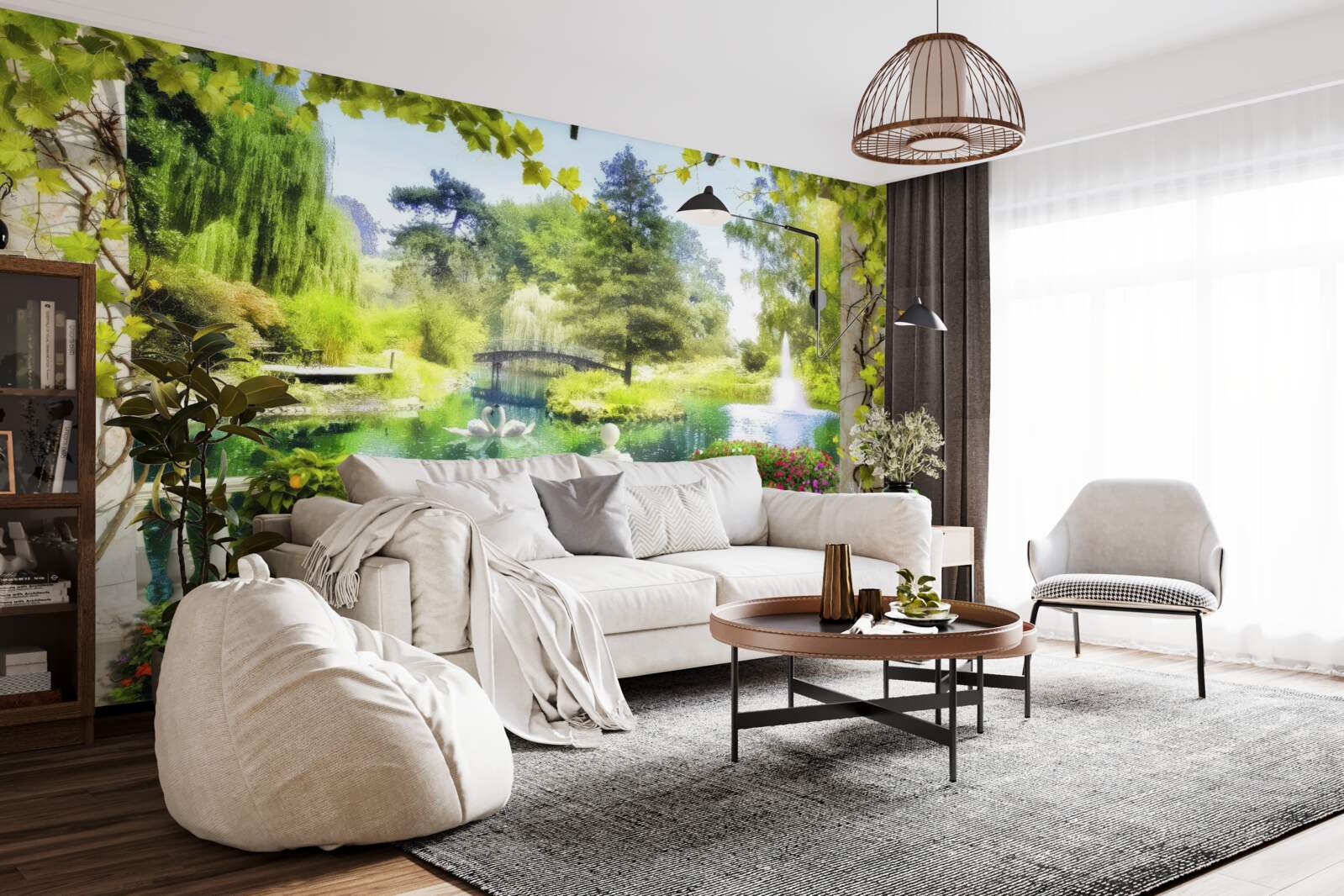 Fototapeta okno ponúka výhľad na vodopád a plávajúce labute