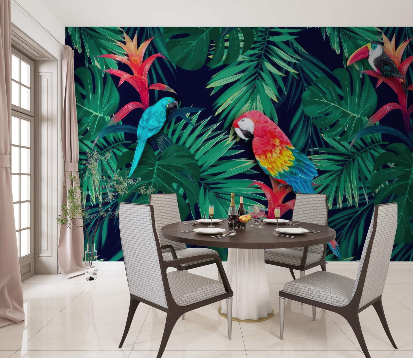 Fototapeta papagáje na veľkých smaragdových listoch