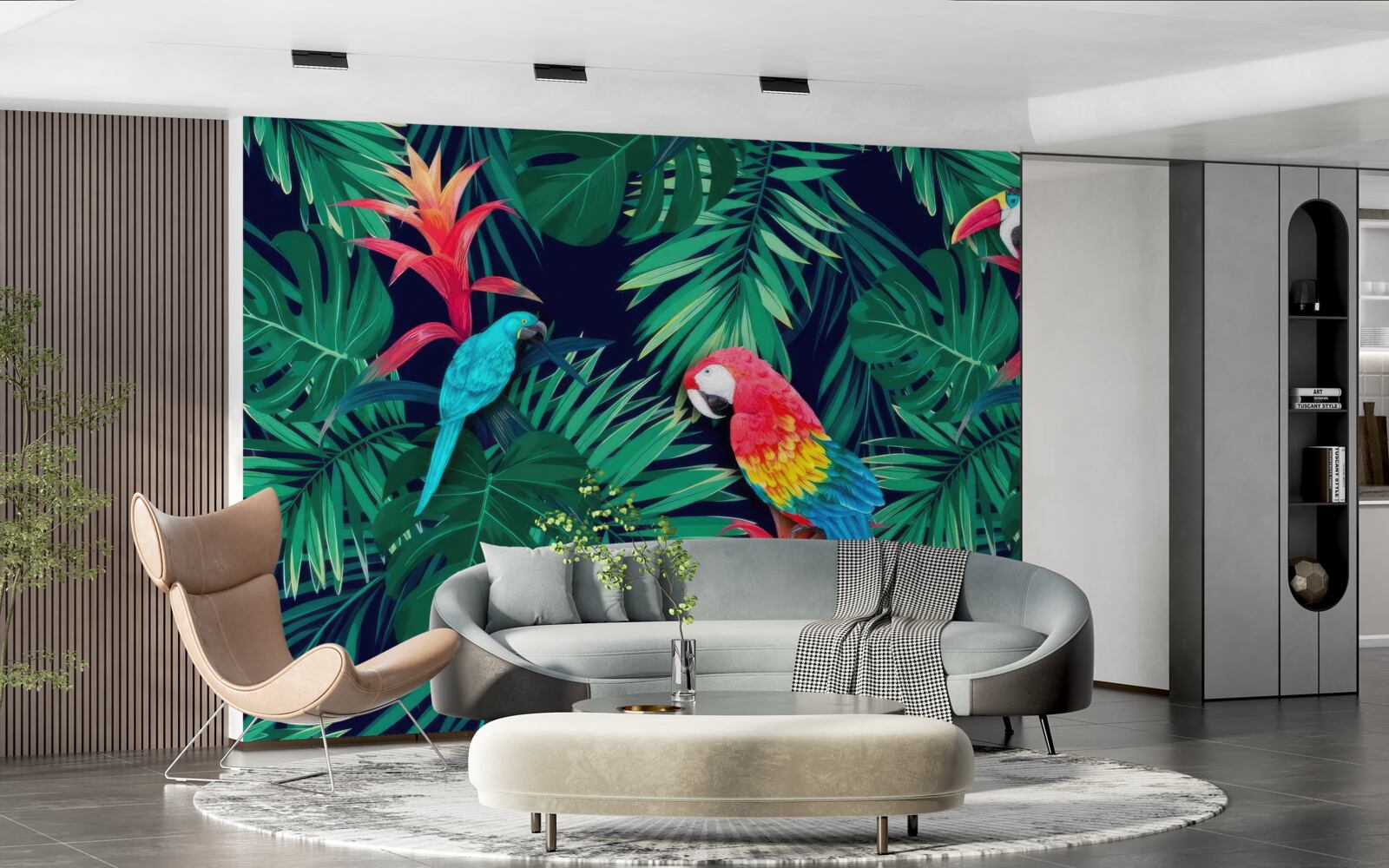 Fototapeta papagáje na veľkých smaragdových listoch