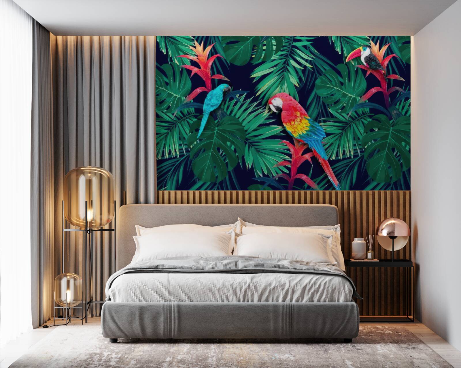 Fototapeta papagáje na veľkých smaragdových listoch