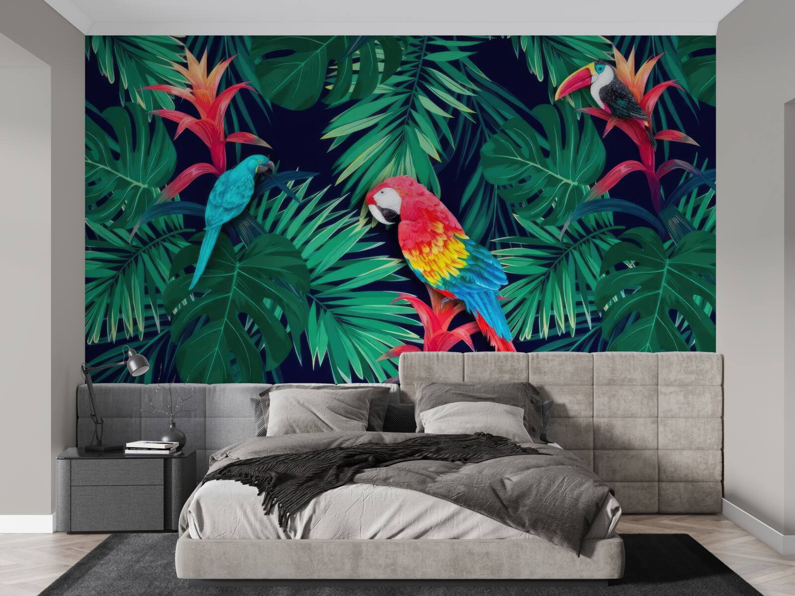 Fototapeta papagáje na veľkých smaragdových listoch