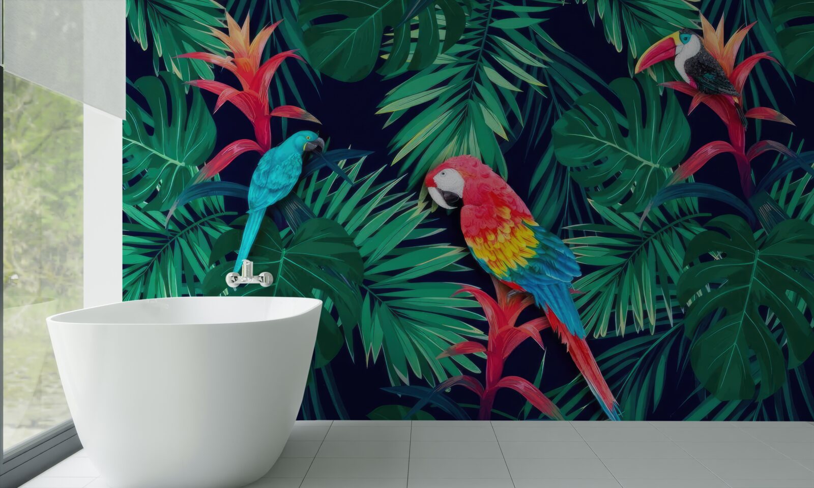 Fototapeta papagáje na veľkých smaragdových listoch