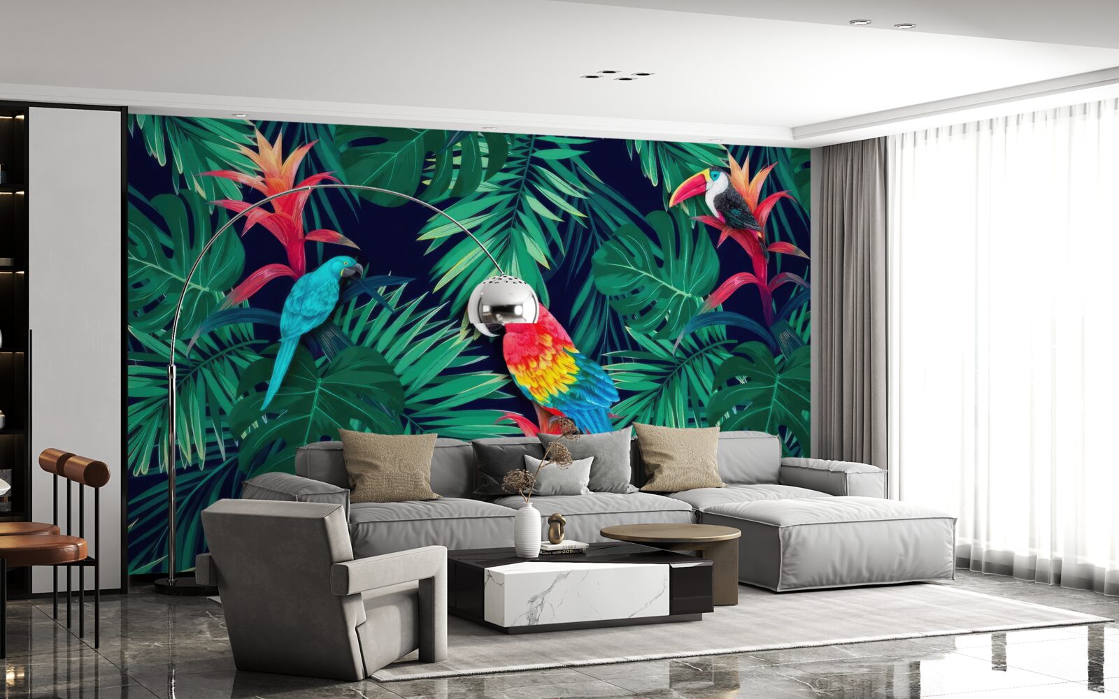 Fototapeta papagáje na veľkých smaragdových listoch