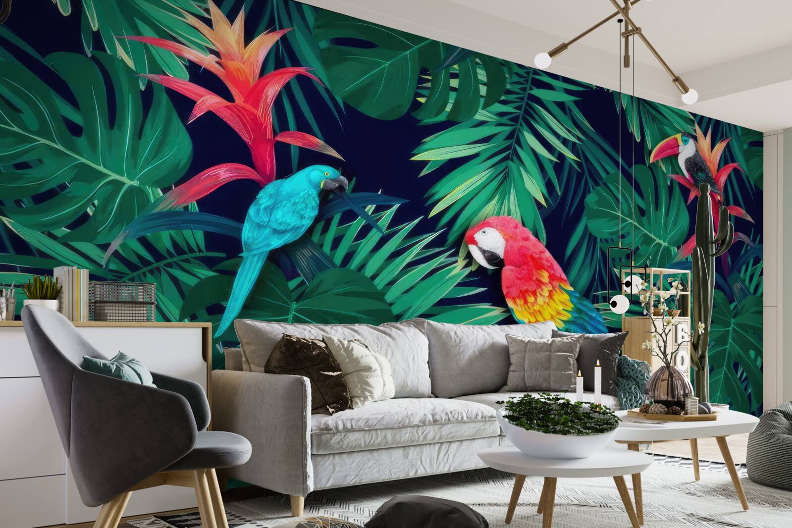 Fototapeta papagáje na veľkých smaragdových listoch