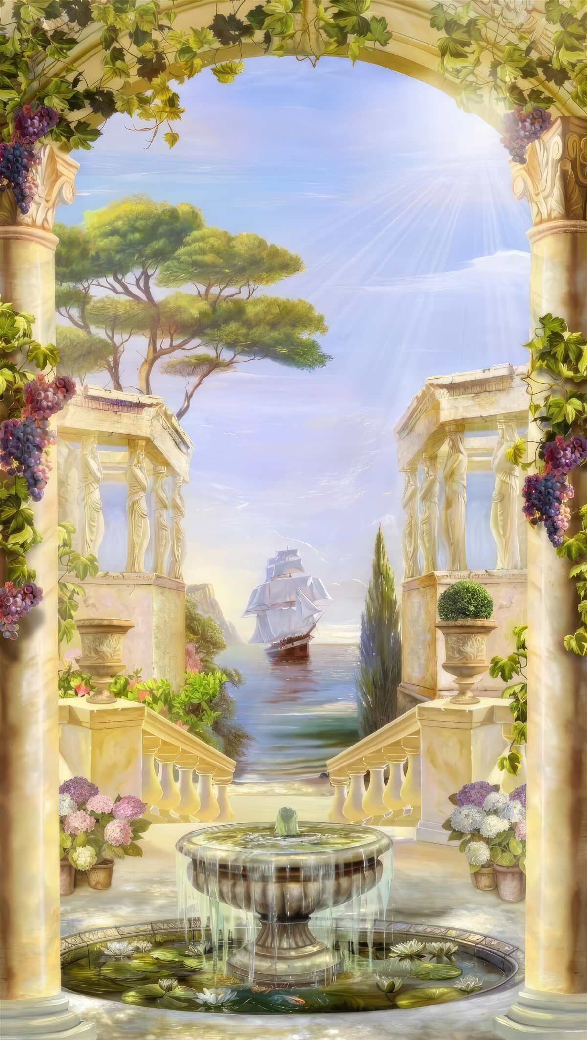 Fototapeta fontána a pohľad na prechádzajúcu loď