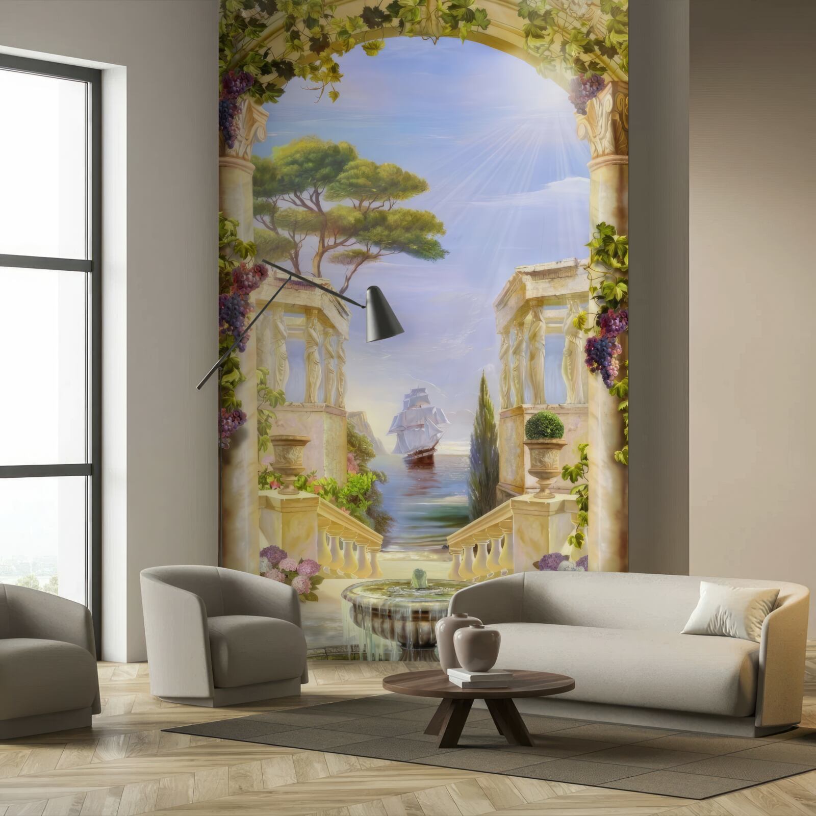 Fototapeta fontána a pohľad na prechádzajúcu loď