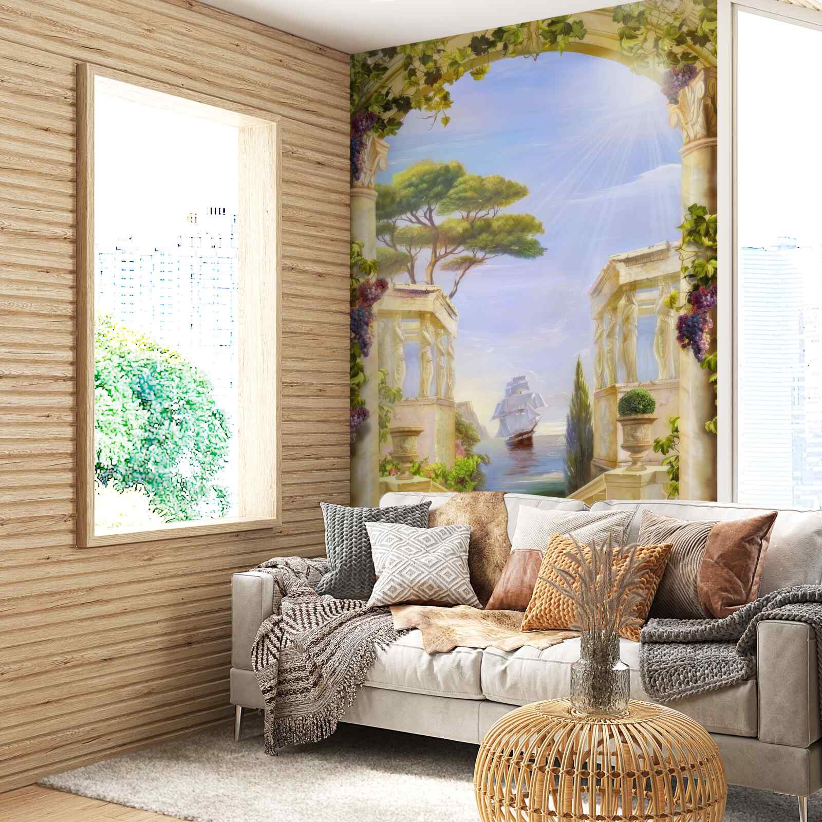 Fototapeta fontána a pohľad na prechádzajúcu loď