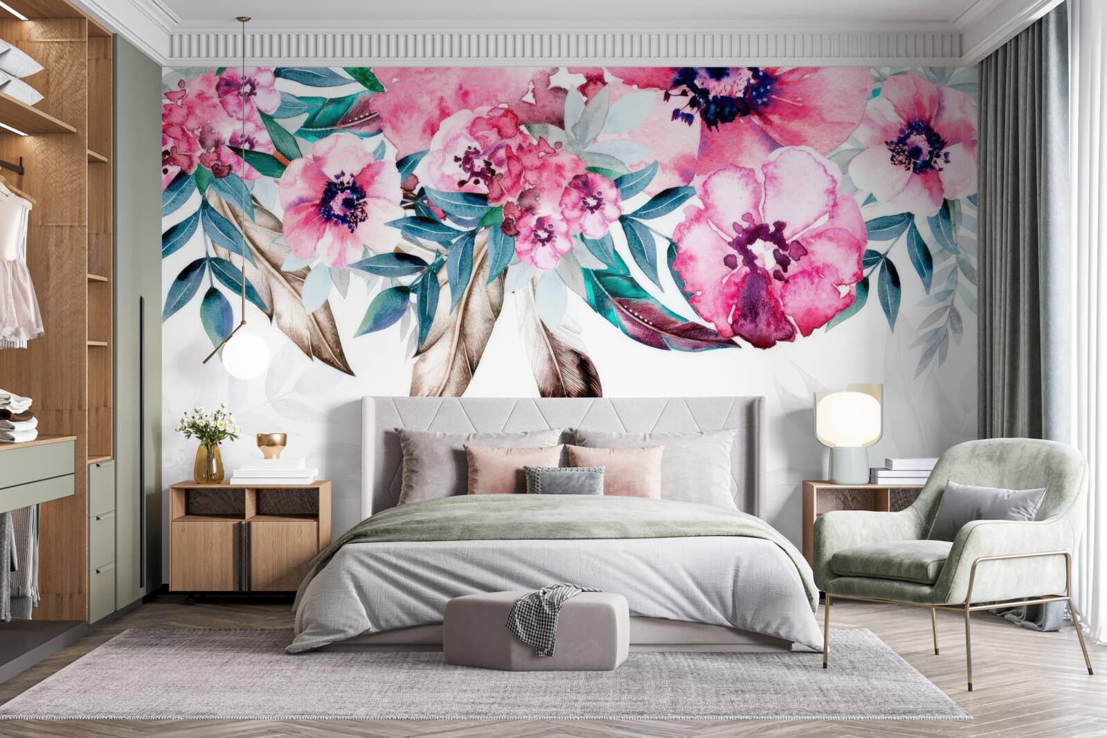 Fototapeta kvety sú tmavoružové so zelenými listami