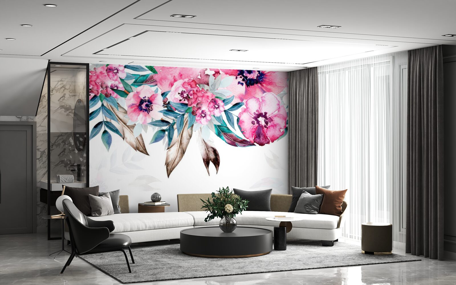 Fototapeta kvety sú tmavoružové so zelenými listami