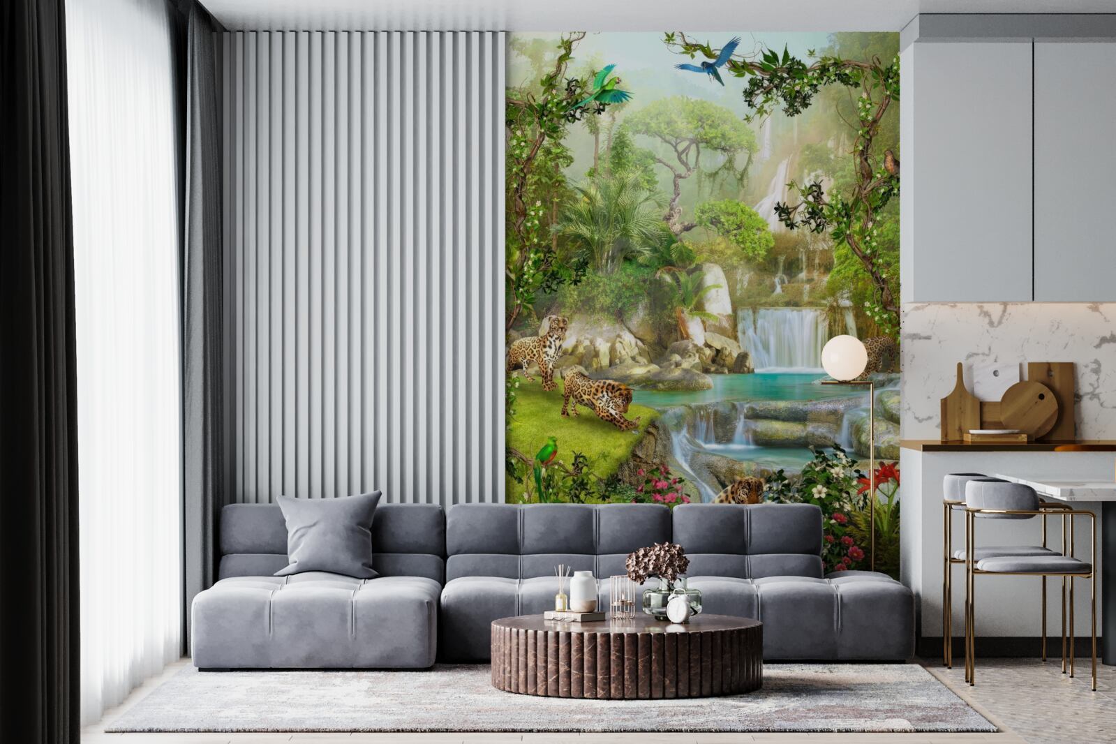 Fototapeta nad vodopádom sú leopardy