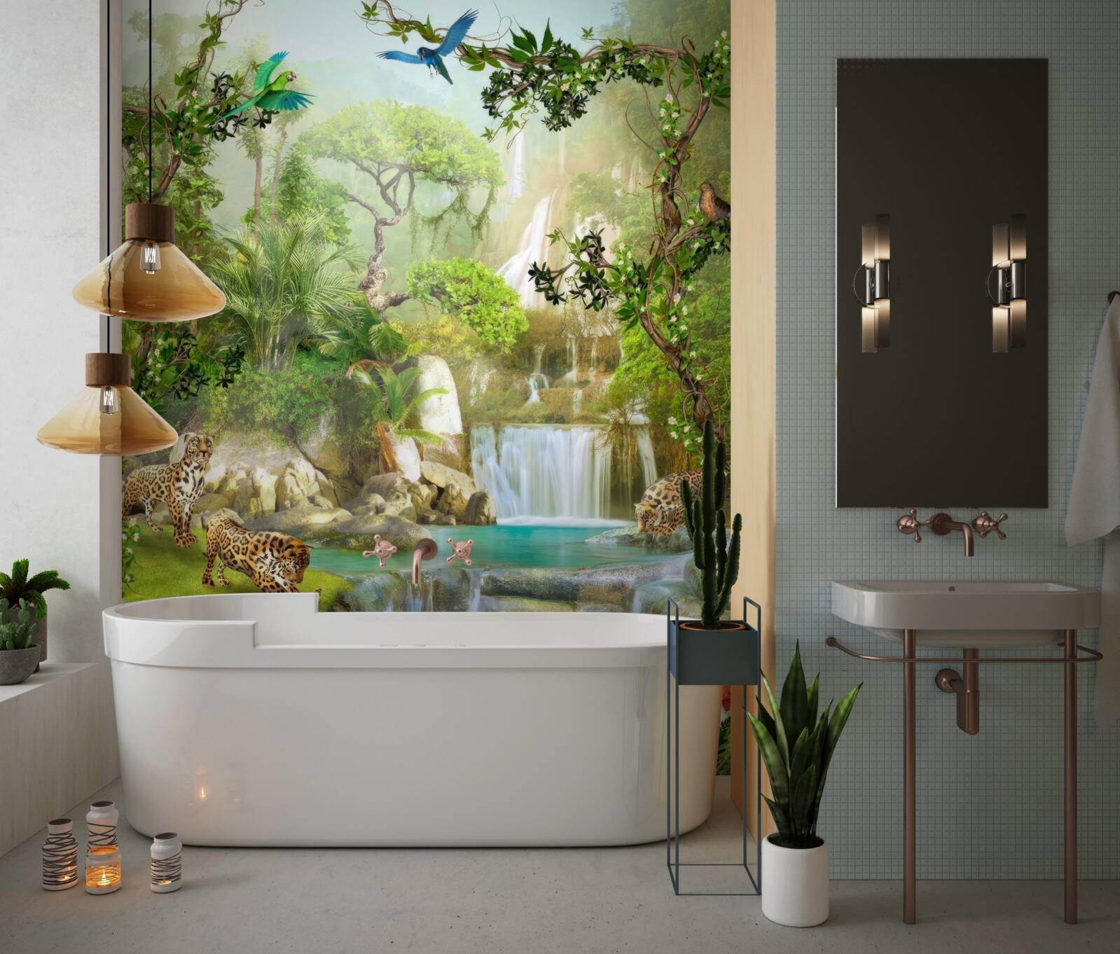 Fototapeta nad vodopádom sú leopardy