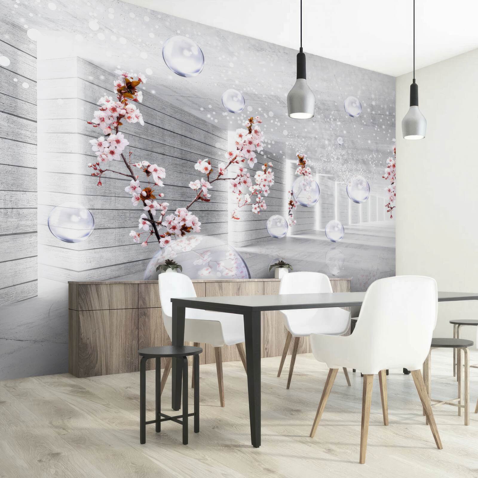 Fototapeta guľa z priehľadného materiálu a kvety umiestnené na chodbe