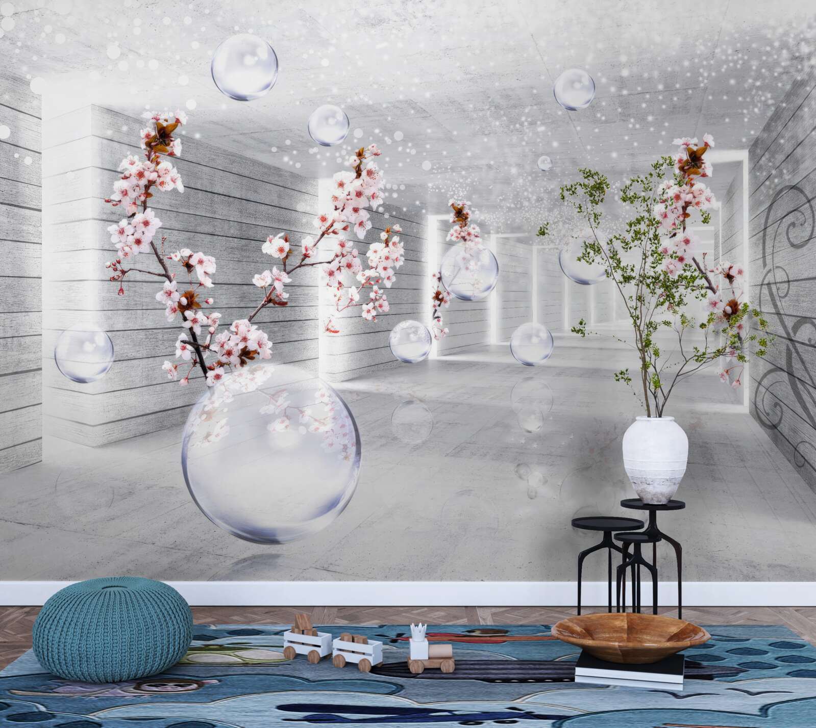 Fototapeta guľa z priehľadného materiálu a kvety umiestnené na chodbe