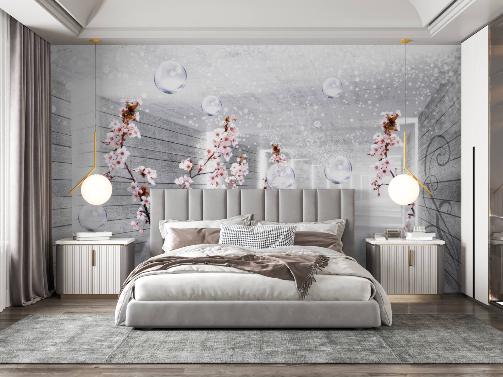 Fototapeta guľa z priehľadného materiálu a kvety umiestnené na chodbe