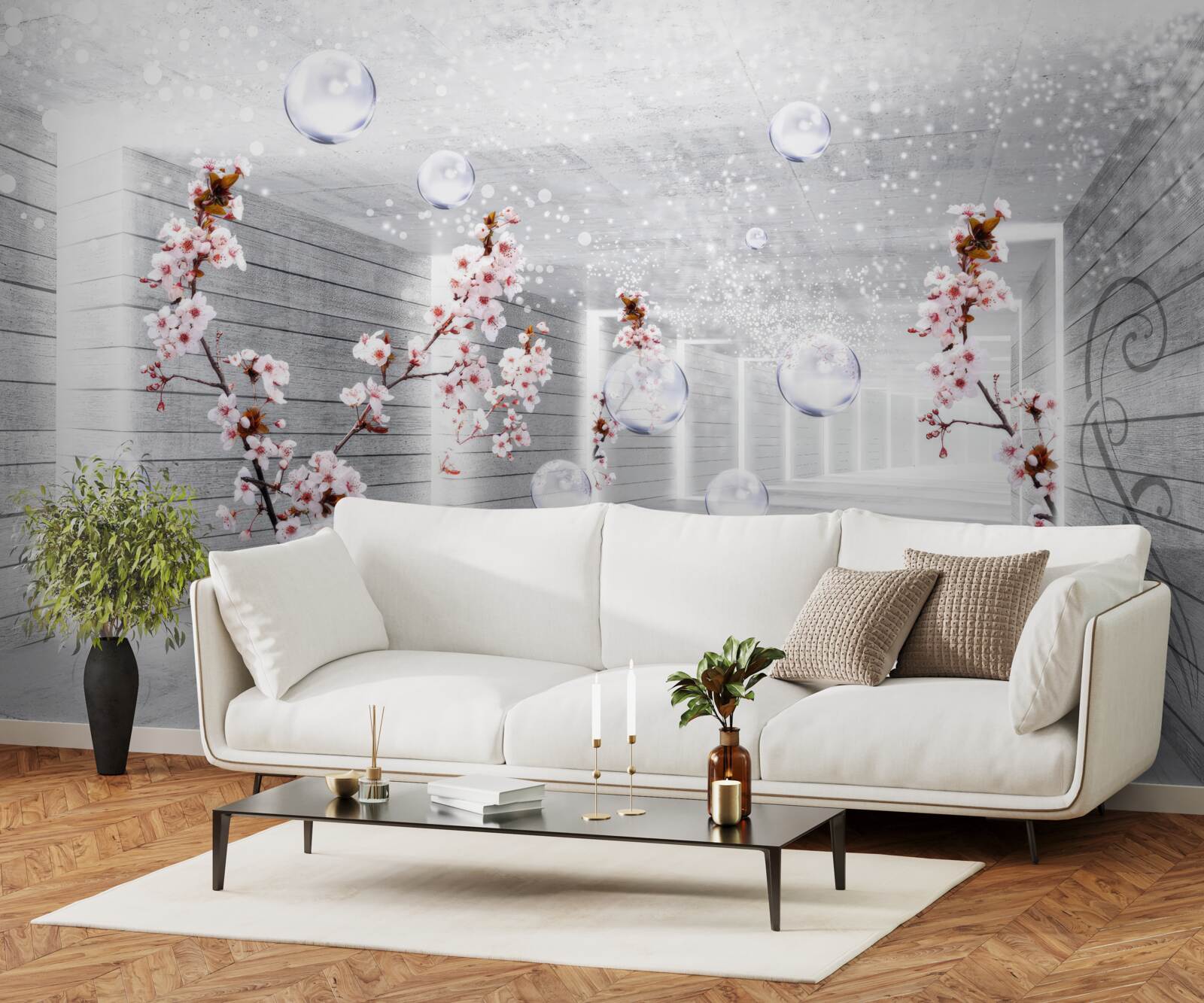 Fototapeta guľa z priehľadného materiálu a kvety umiestnené na chodbe