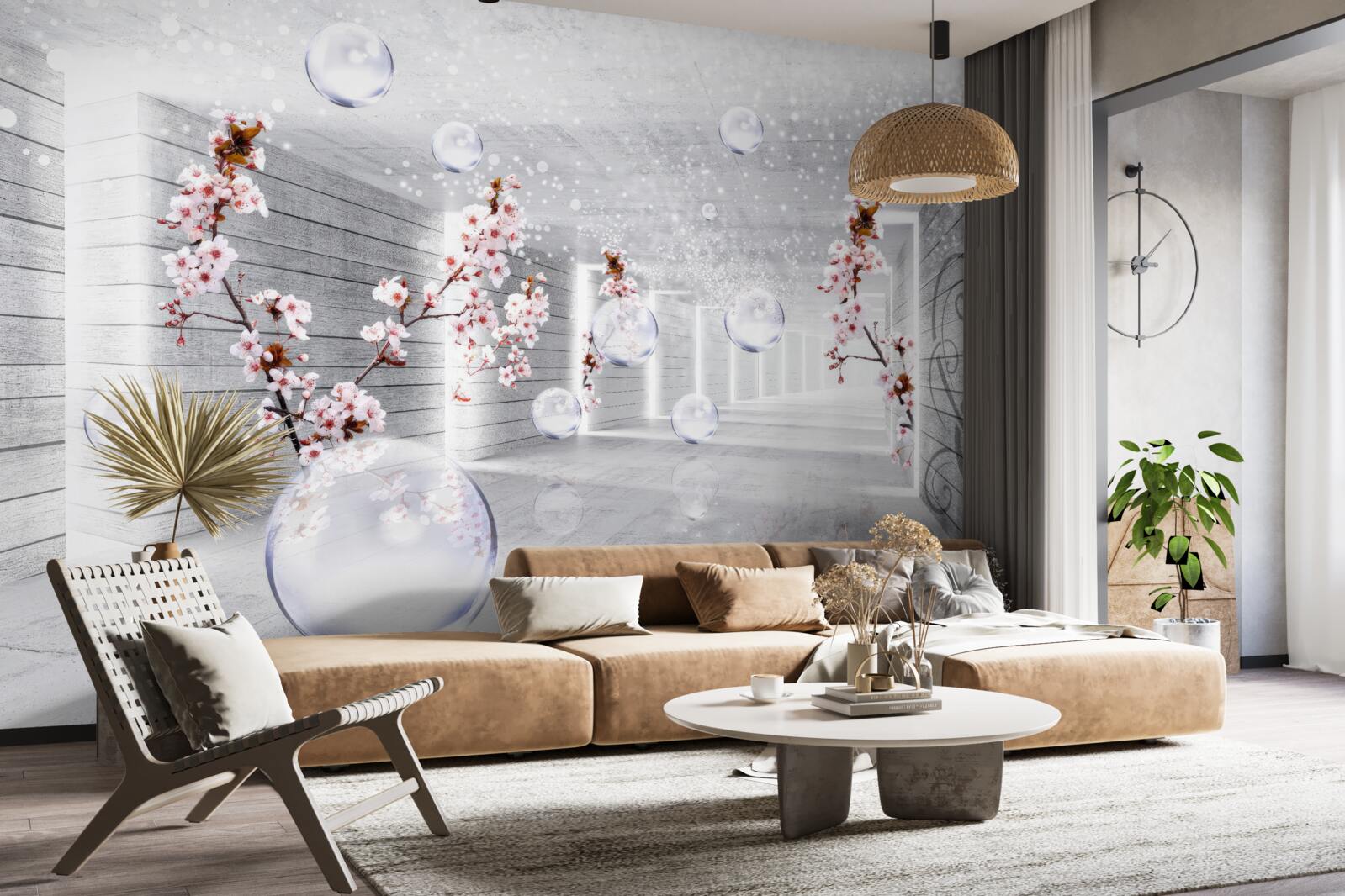 Fototapeta guľa z priehľadného materiálu a kvety umiestnené na chodbe