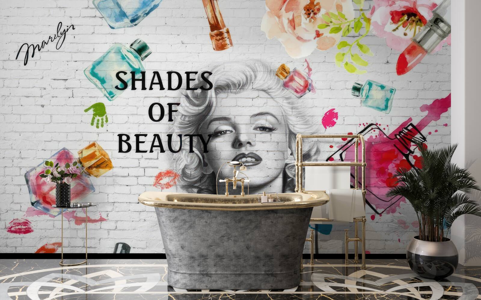 Fototapeta monroe na pozadí bielej tehlovej steny