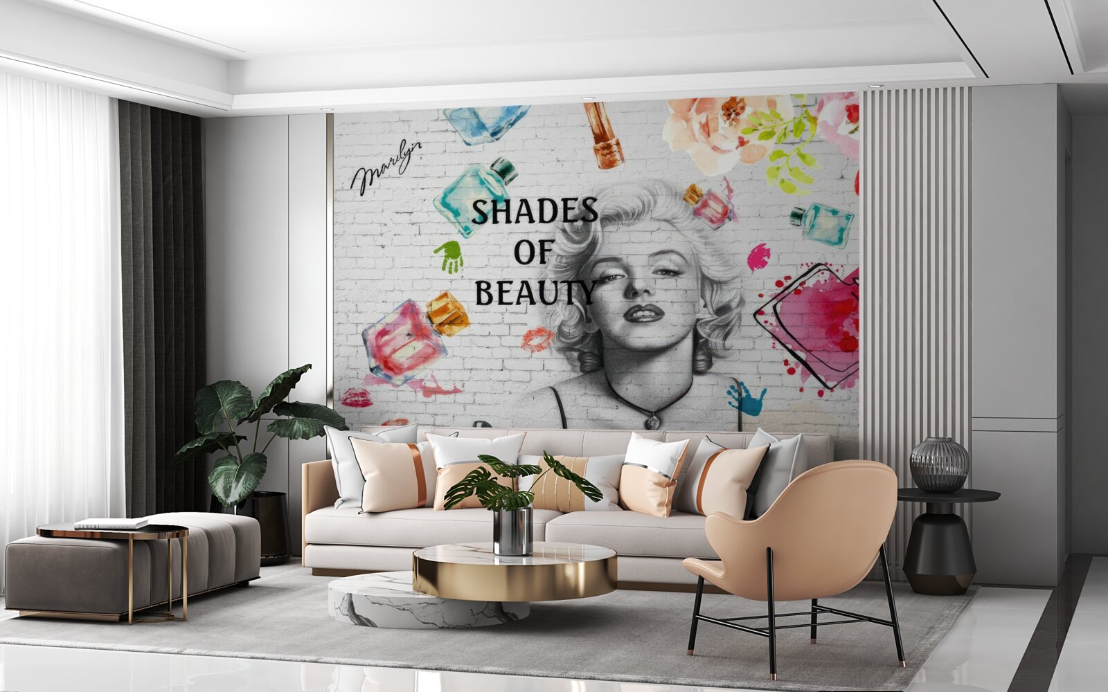 Fototapeta monroe na pozadí bielej tehlovej steny