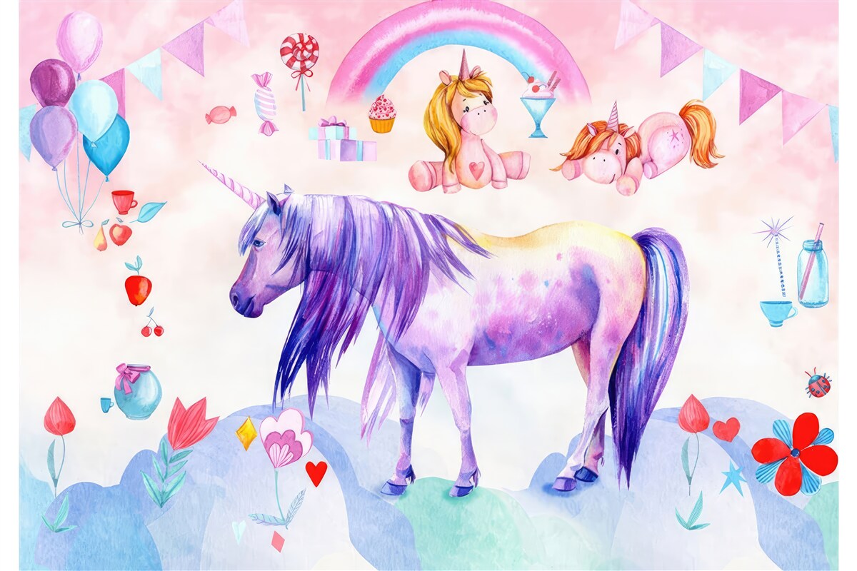 Fototapeta jednorožce obklopené dúhami, kvetmi a darčekmi