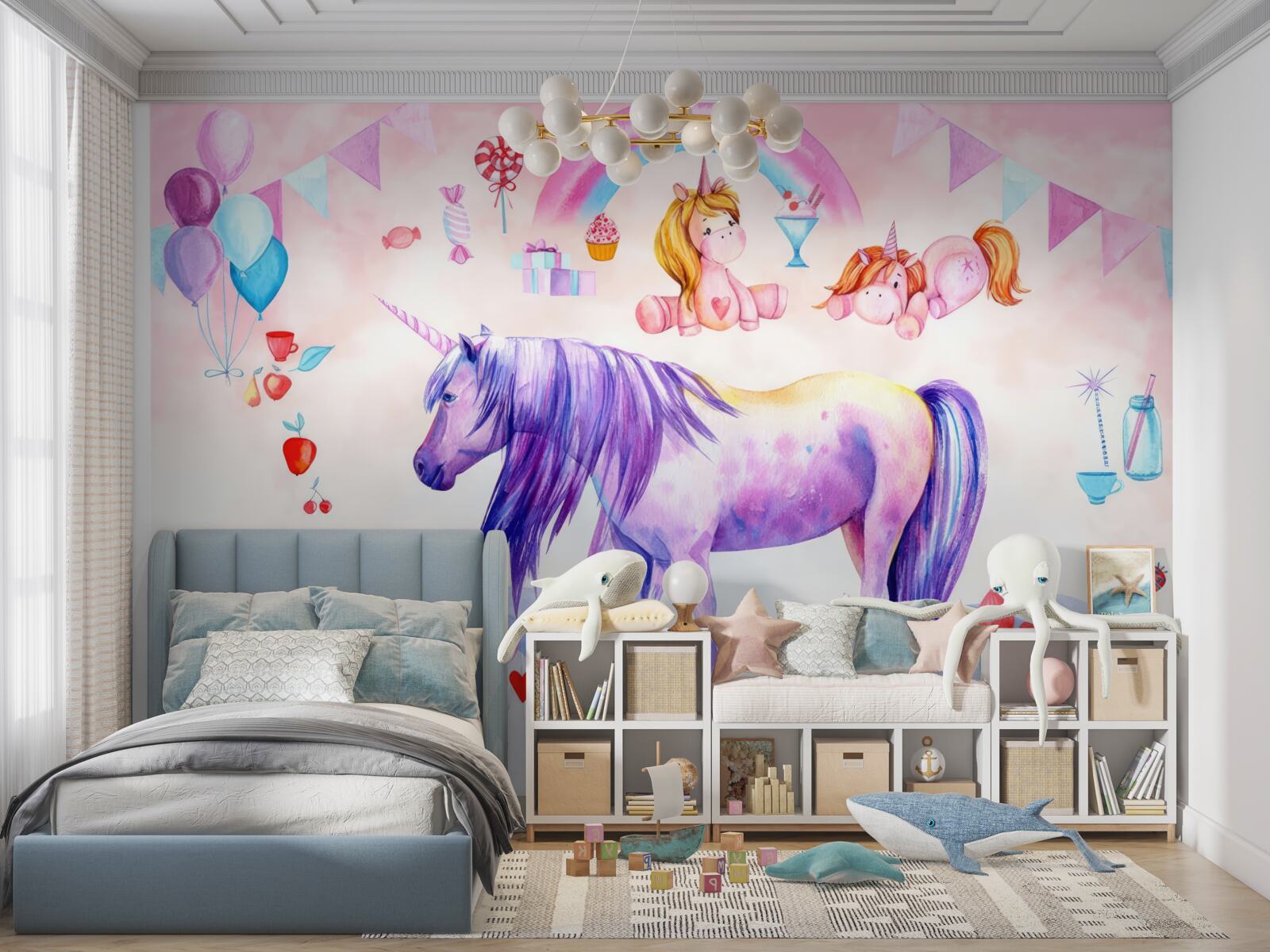 Fototapeta jednorožce obklopené dúhami, kvetmi a darčekmi