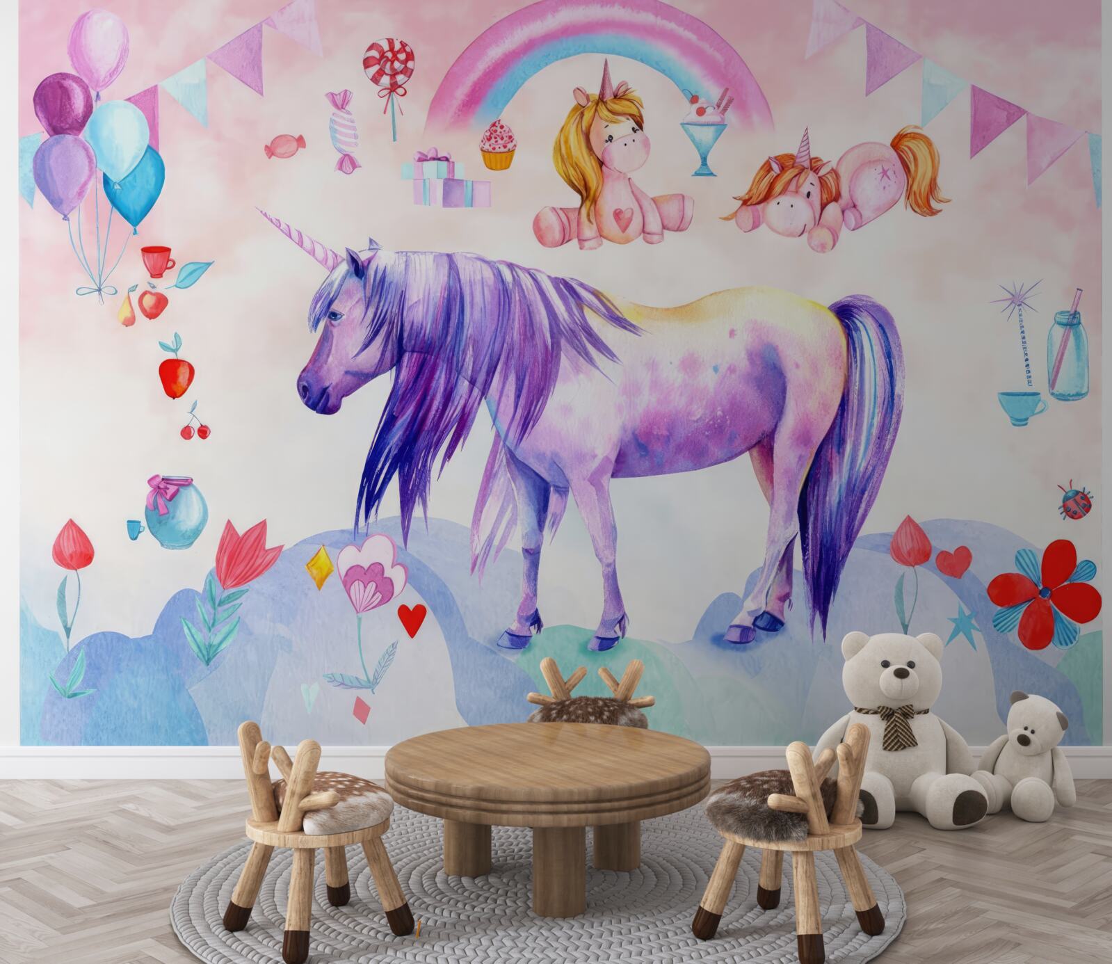 Fototapeta jednorožce obklopené dúhami, kvetmi a darčekmi