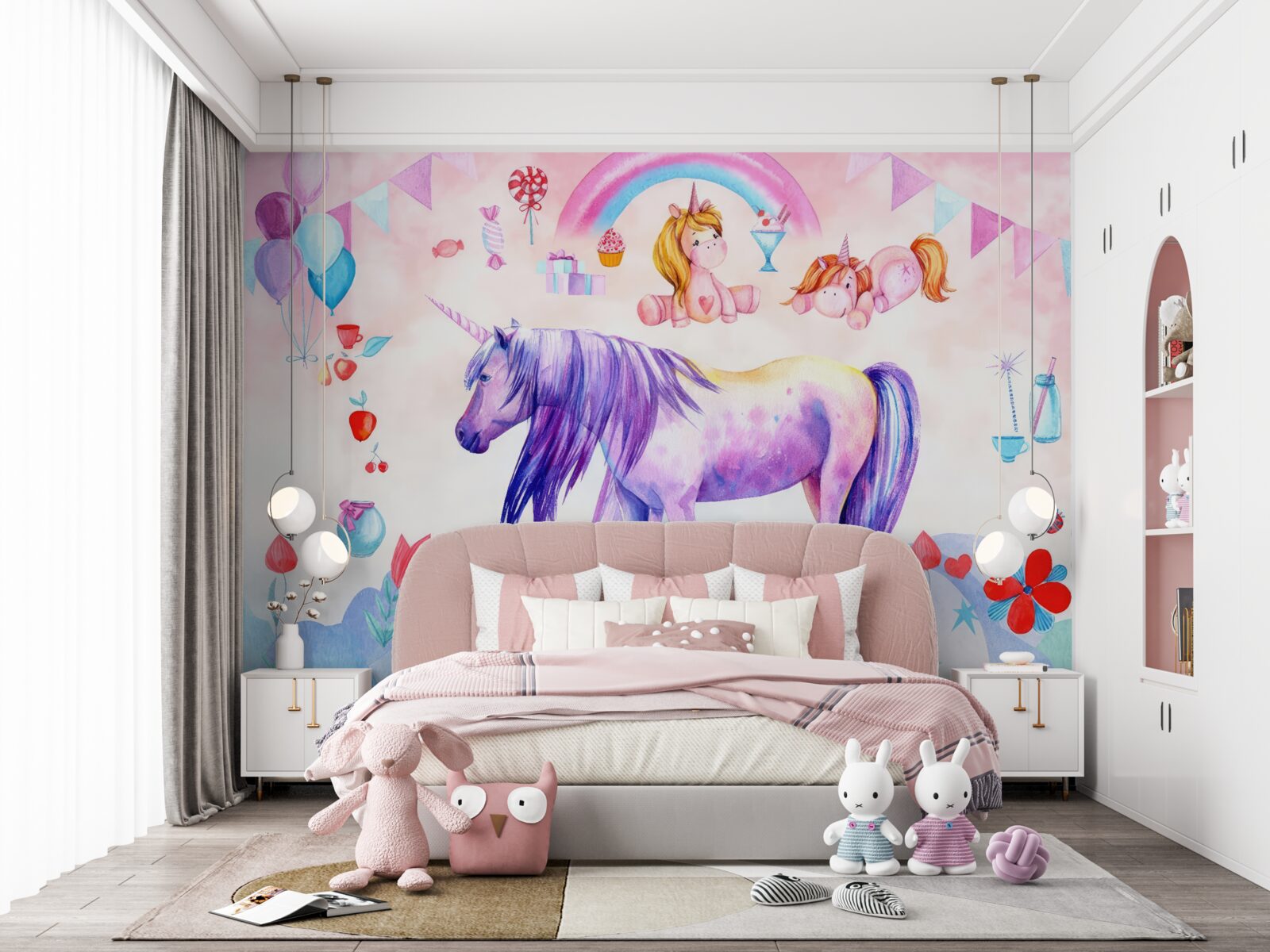 Fototapeta jednorožce obklopené dúhami, kvetmi a darčekmi