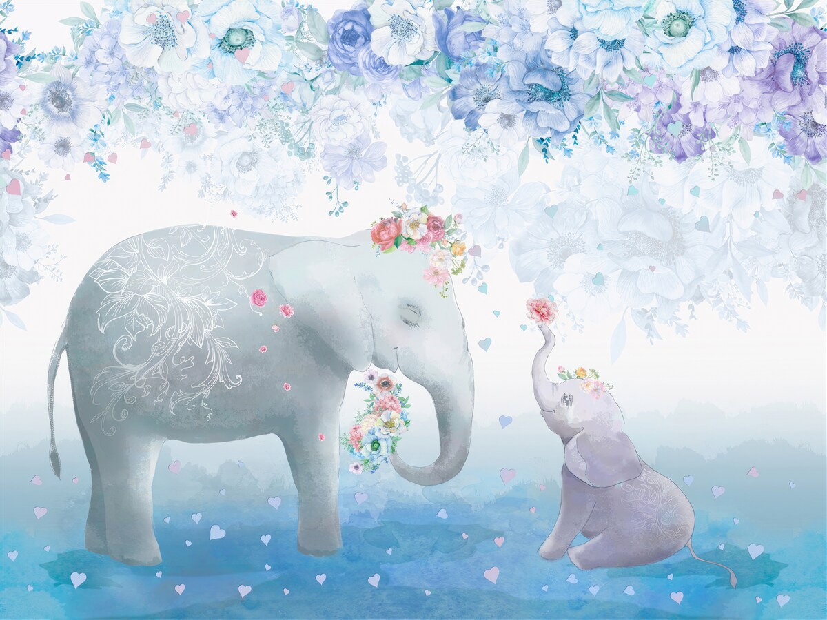 Fototapeta slon s dieťaťom medzi kvetmi