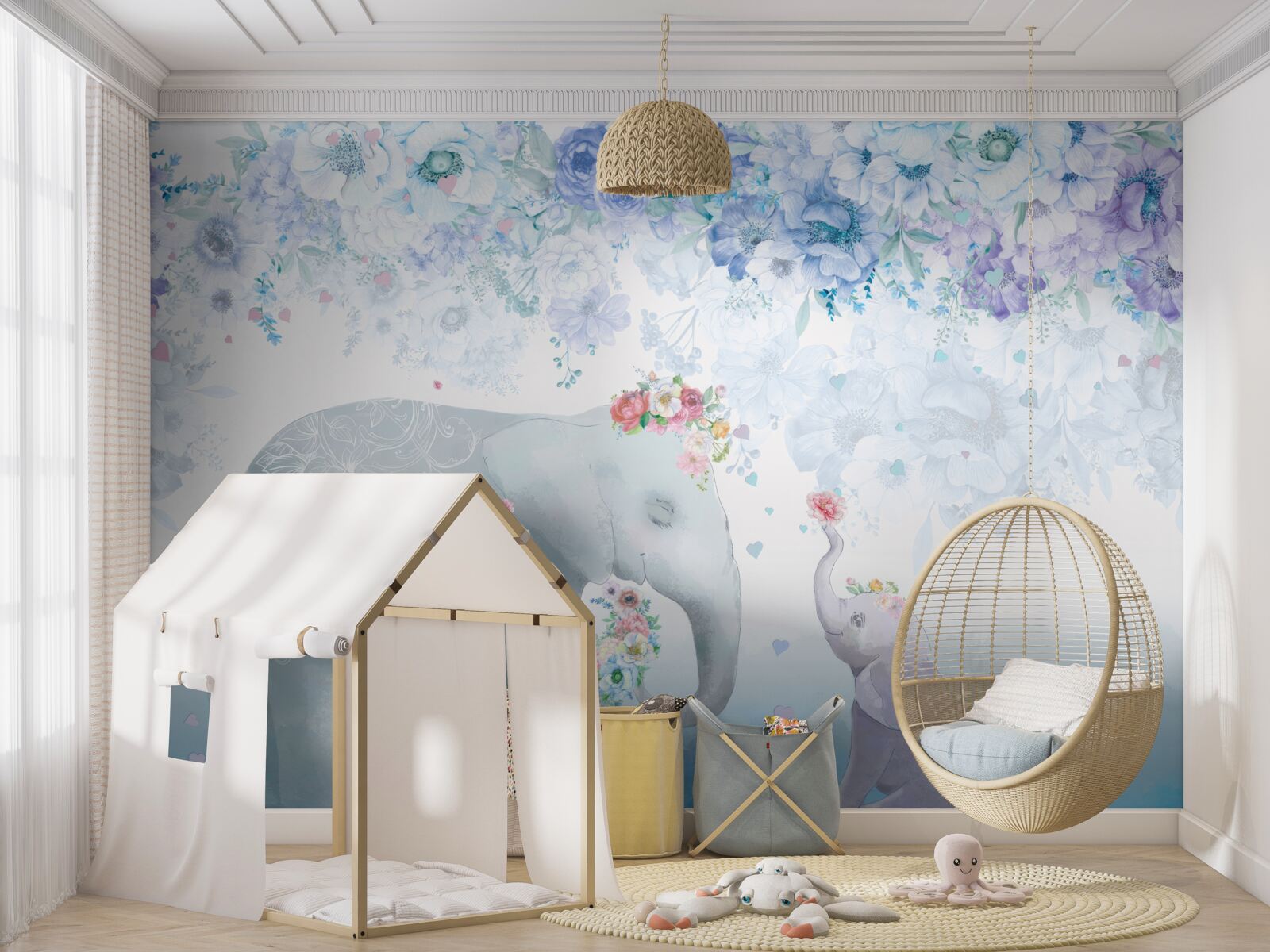 Fototapeta slon s dieťaťom medzi kvetmi