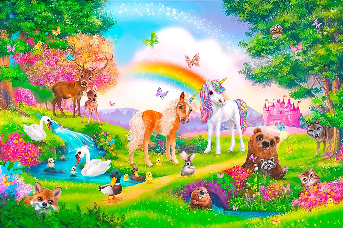 Fototapeta Lesnú čistinku obývajú jednorožce, zvieratá, vtáky a motýle