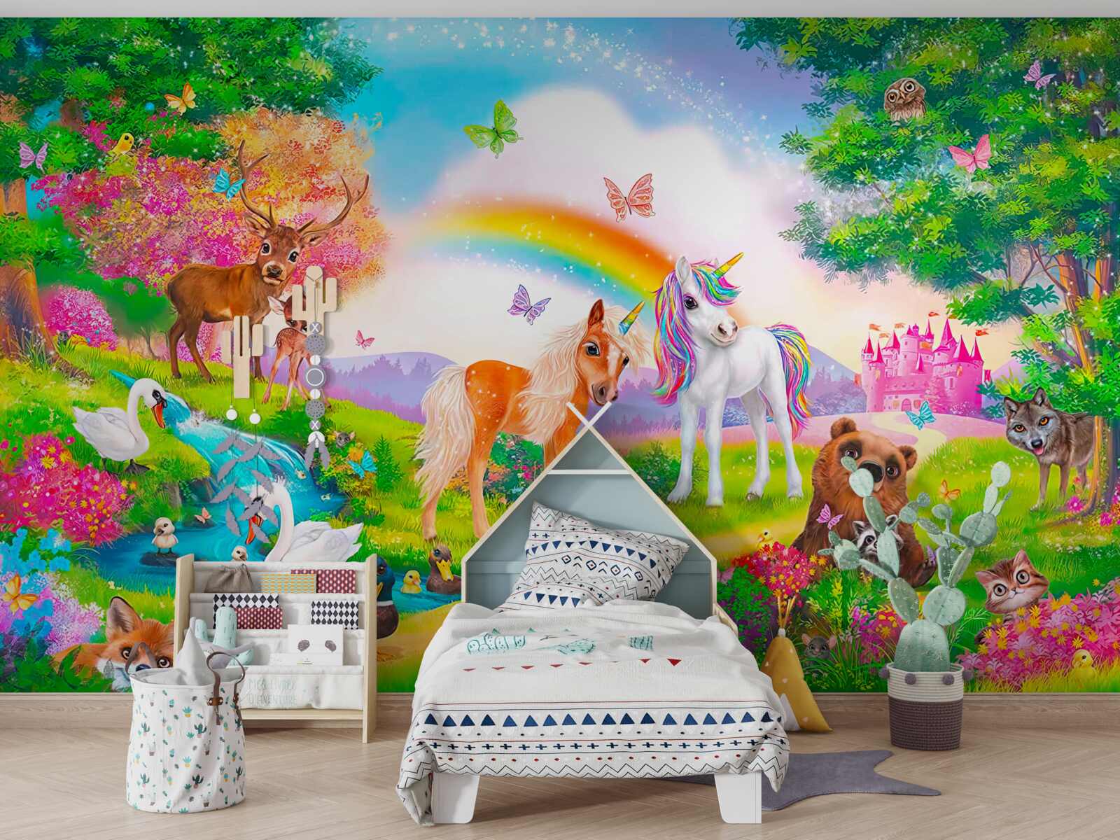 Fototapeta Lesnú čistinku obývajú jednorožce, zvieratá, vtáky a motýle