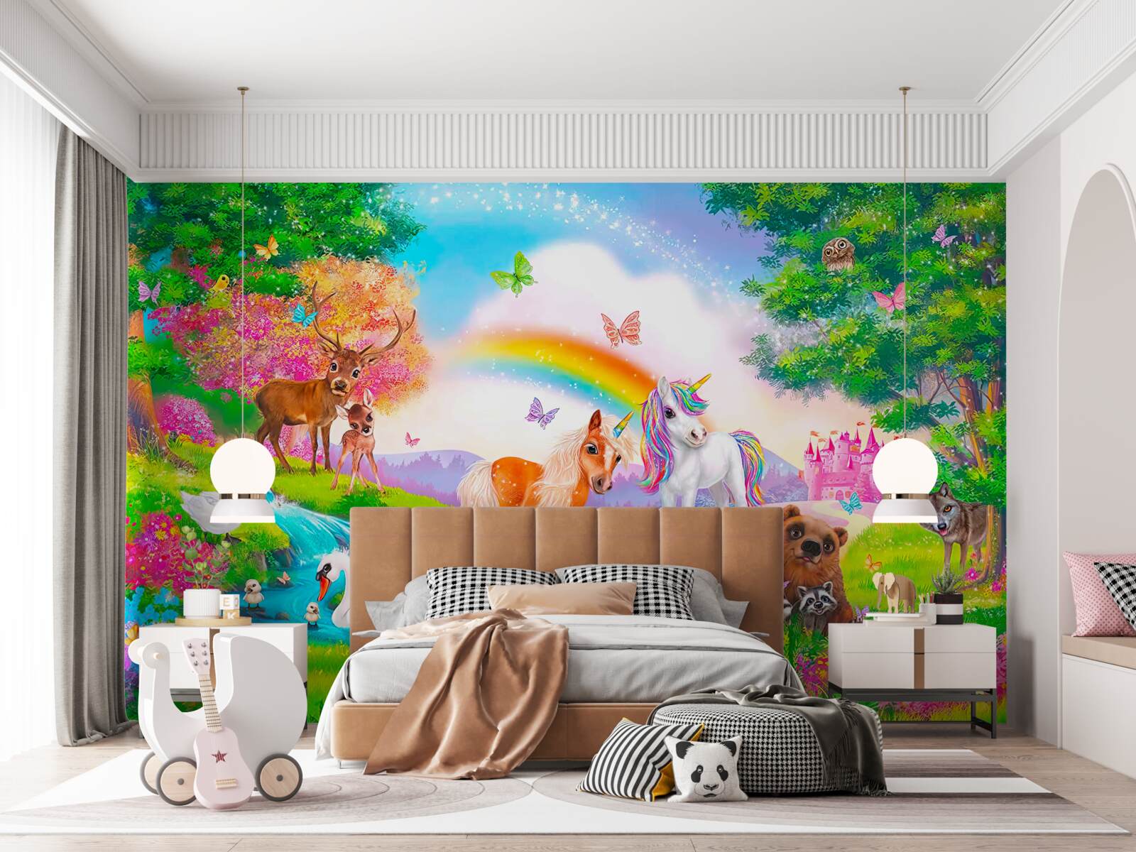 Fototapeta Lesnú čistinku obývajú jednorožce, zvieratá, vtáky a motýle