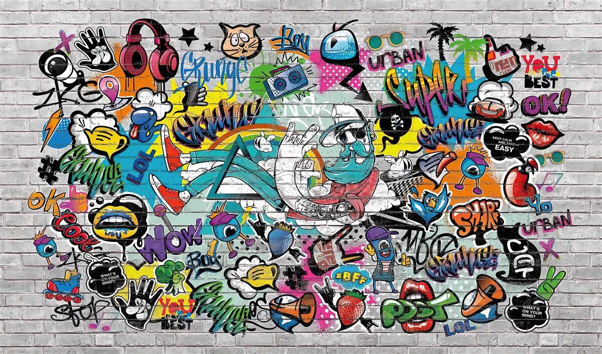 Fototapeta Tehlová stena zdobená jasnými graffiti