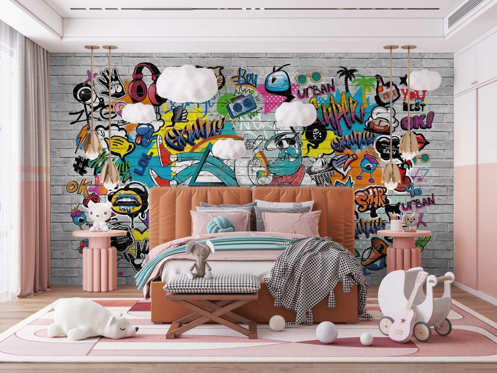 Fototapeta Tehlová stena zdobená jasnými graffiti