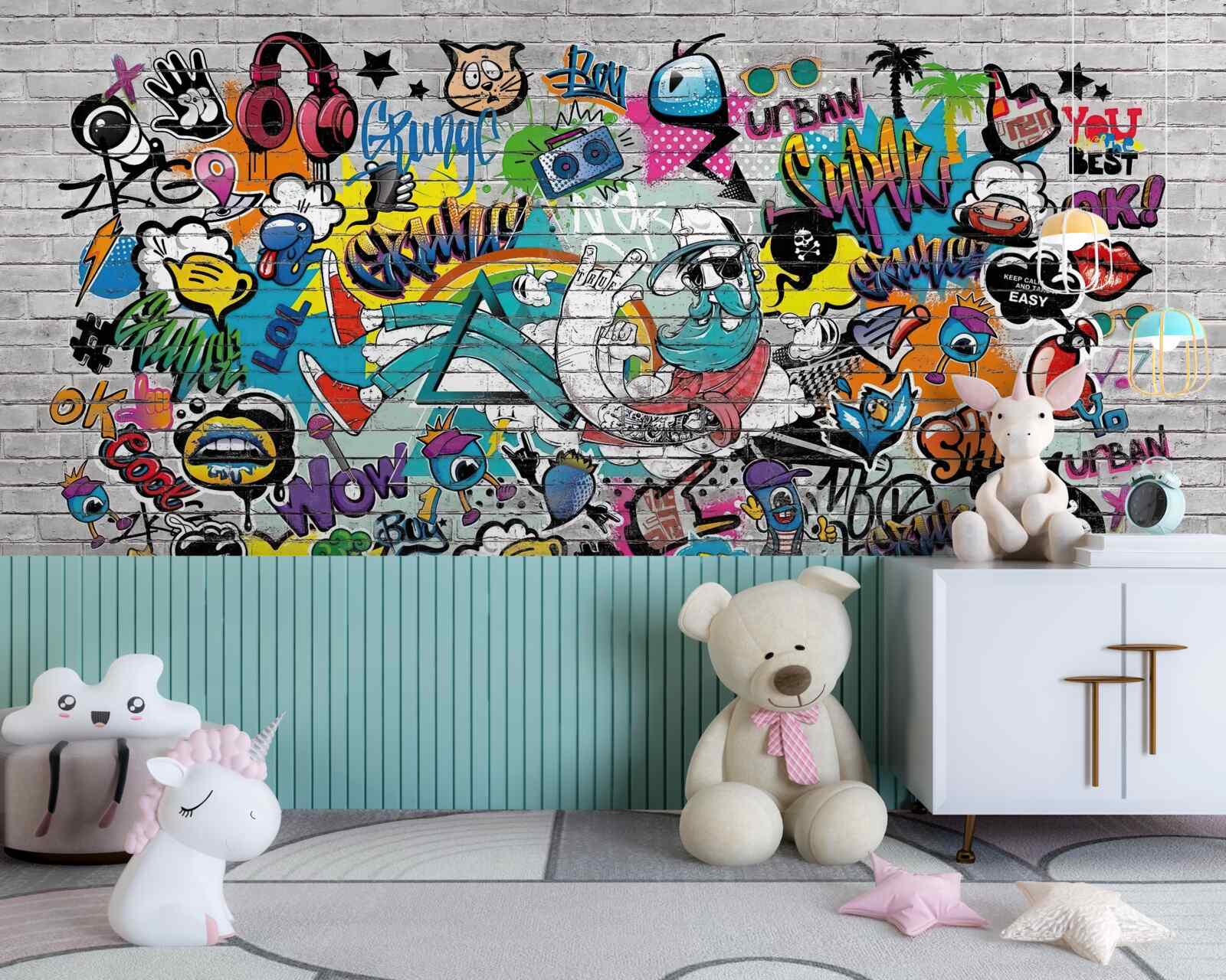 Fototapeta Tehlová stena zdobená jasnými graffiti