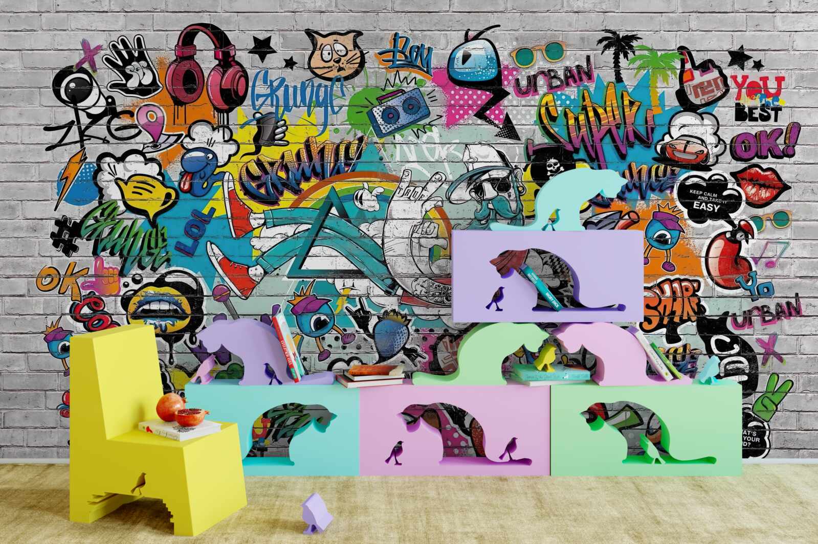 Fototapeta Tehlová stena zdobená jasnými graffiti