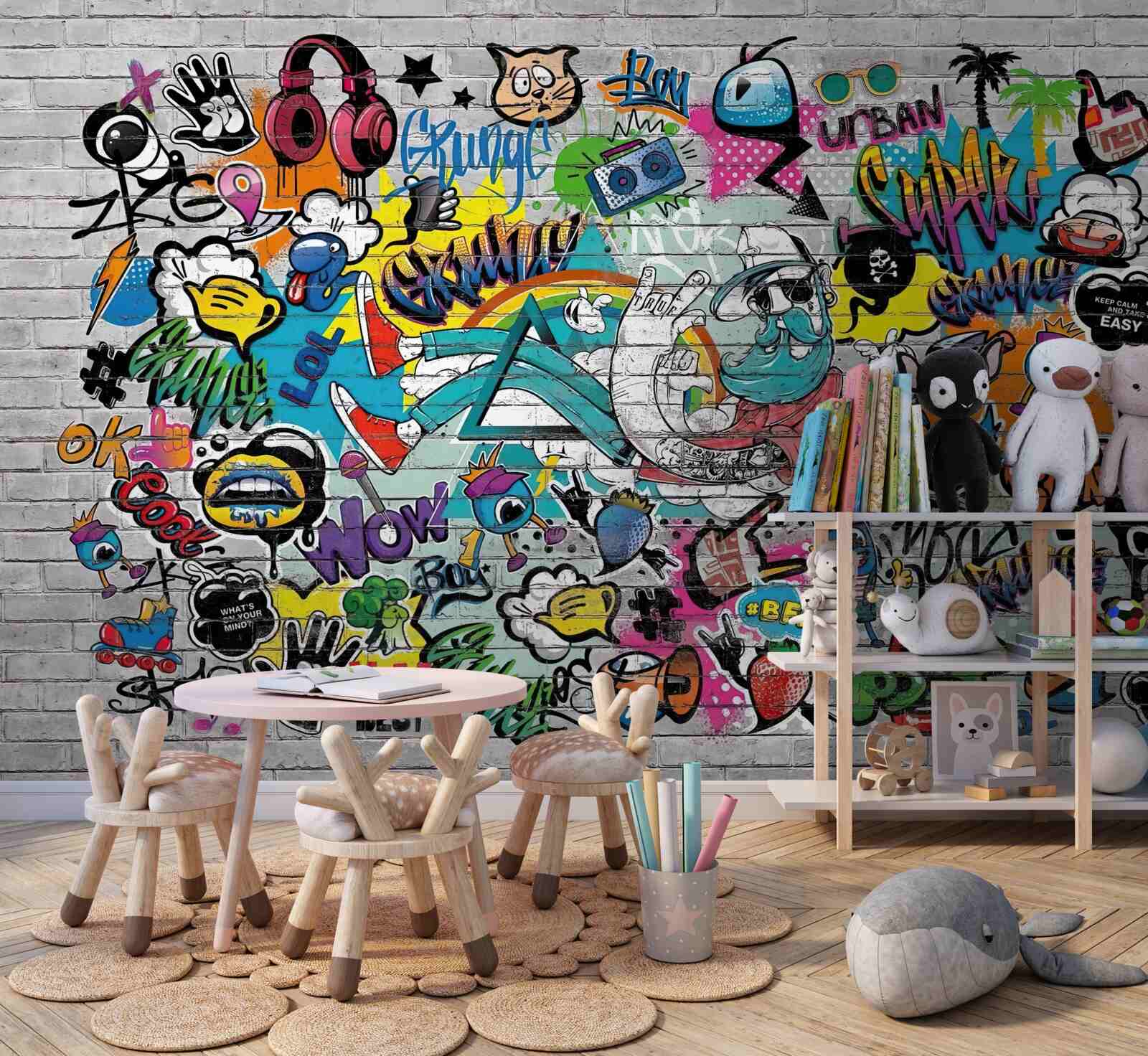 Fototapeta Tehlová stena zdobená jasnými graffiti