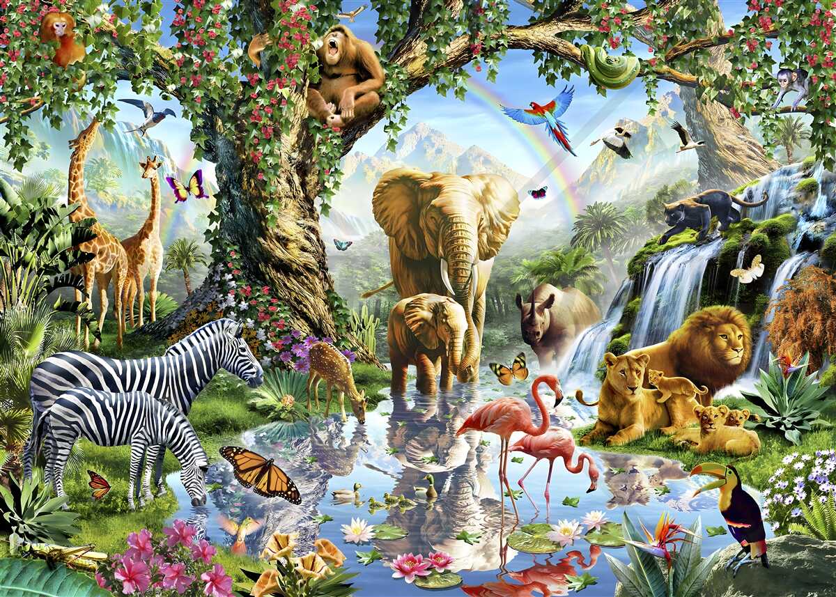 Fototapeta rôzne zvieratá a vtáky v lese pri rybníku