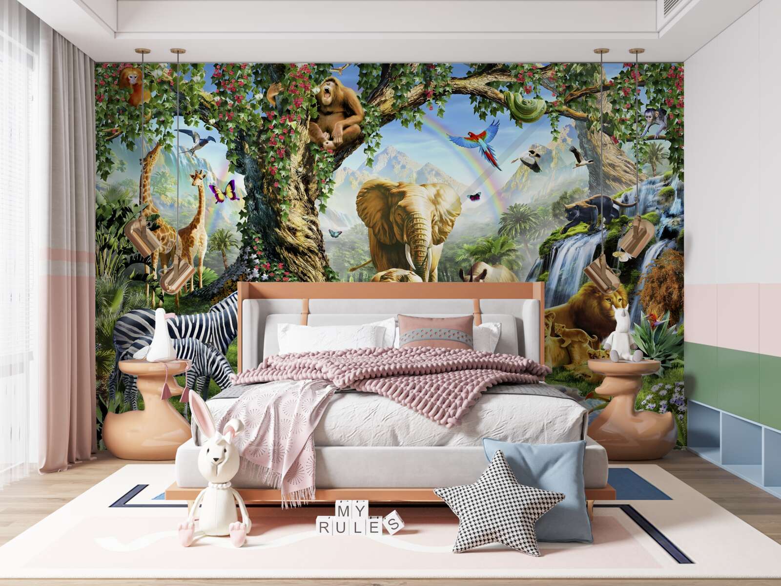 Fototapeta rôzne zvieratá a vtáky v lese pri rybníku