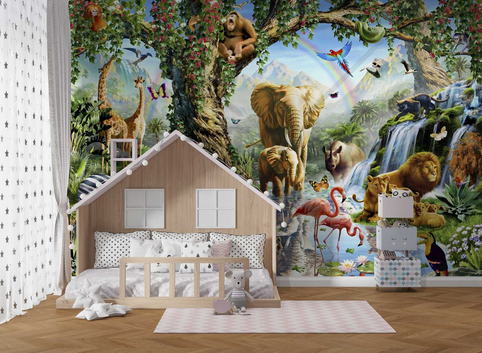 Fototapeta rôzne zvieratá a vtáky v lese pri rybníku